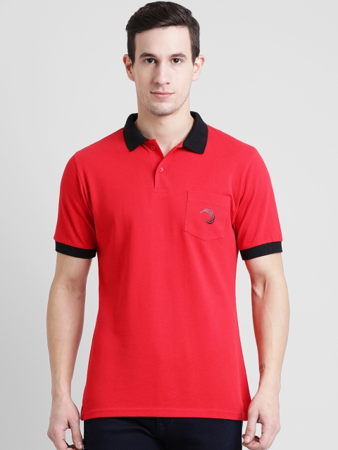 

oneliner Men Red Solid Slim Fit Polo Collar T-shirt