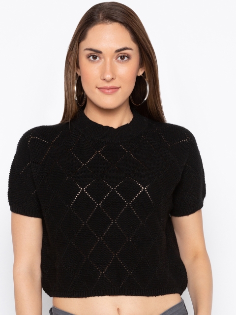 

Globus Women Black Self Design Cropped Sweater
