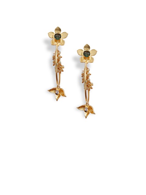 

AccessHer Gold-Toned & Green Drop Earrings with American Diamonds & Pearls