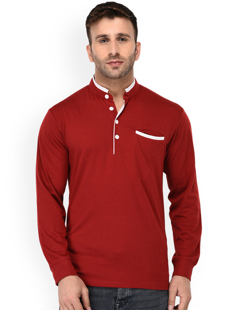 

WILD WEST Men Red Solid Mandarin Collar T-shirt