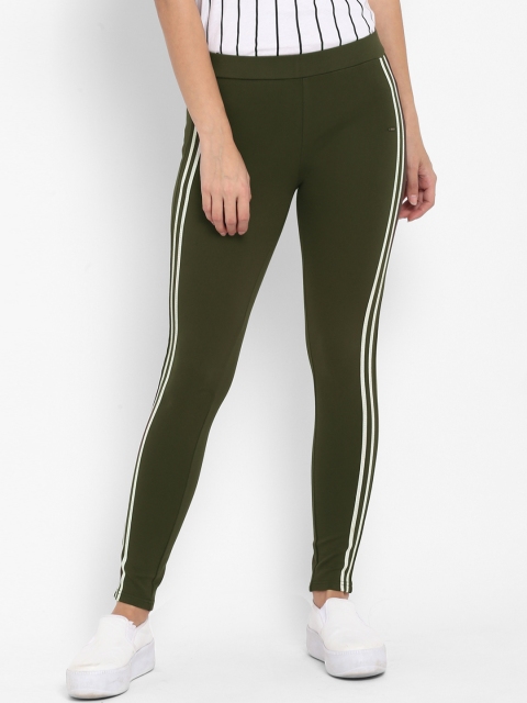 

FOSH Women Olive Green Striped Leggings