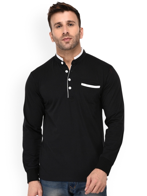 

WILD WEST Men Black Solid Mandarin Collar T-shirt