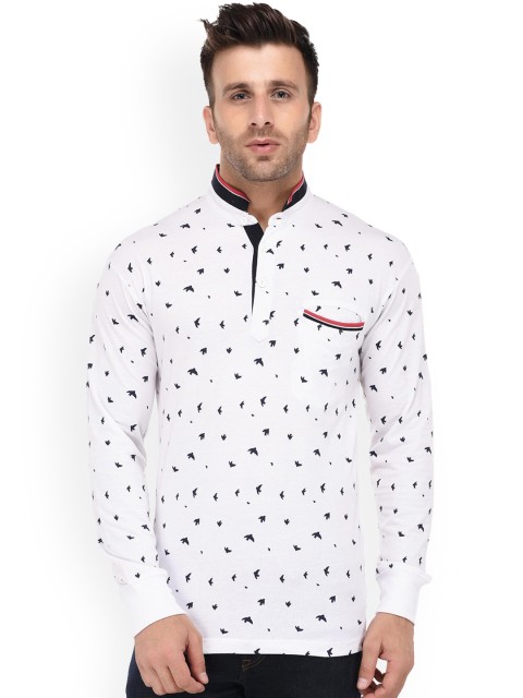 

WILD WEST Men White Printed Mandarin Collar T-shirt
