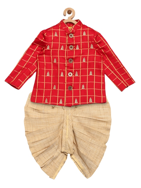 

Tiber Taber Boys Red & Beige Printed Kurta with Dhoti Pants
