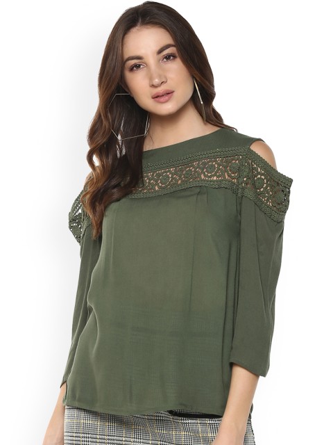 

Mayra Women Olive Green Self Design A-Line Top