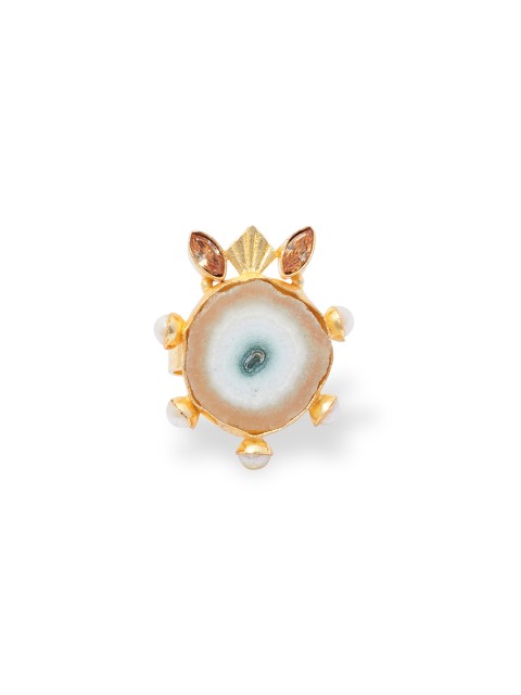 

AccessHer Women Gold-Toned White Evil Eye Agate Jadau Style Finger Ring
