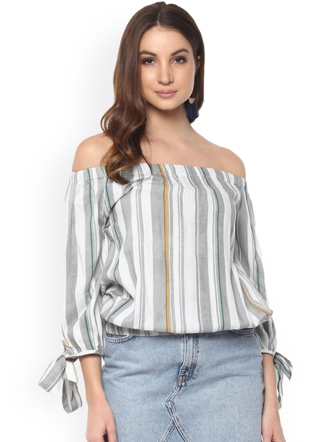 

Mayra Women White Striped Bardot Pure Cotton Top