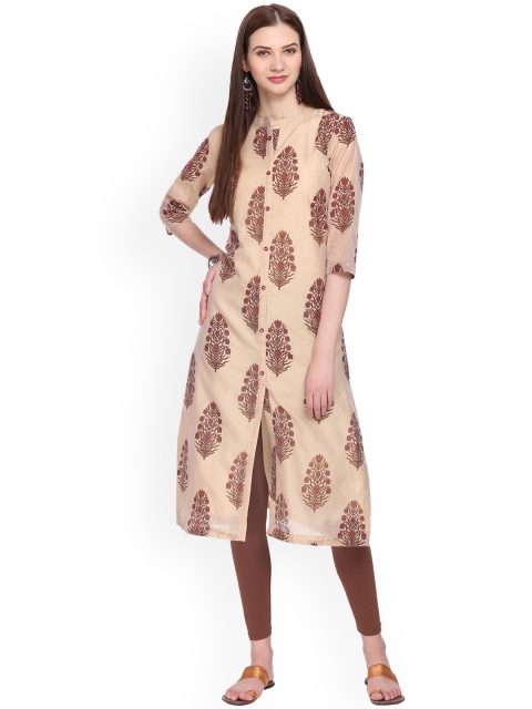 

Alena Women Cream-Coloured & Brown Printed Straight Kurta