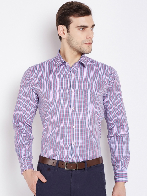

English Navy Men Pink & Blue Slim Fit Checked Formal Shirt