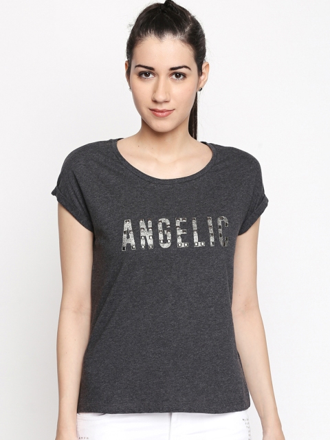 

SF JEANS by Pantaloons Women Charcoal Grey Solid Round Neck T-shirt