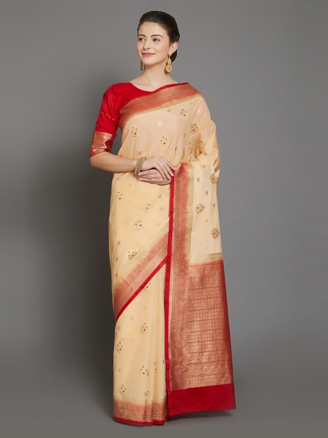 

Mitera Cream-Coloured & Red Silk Blend Woven Design Kanjeevaram Saree