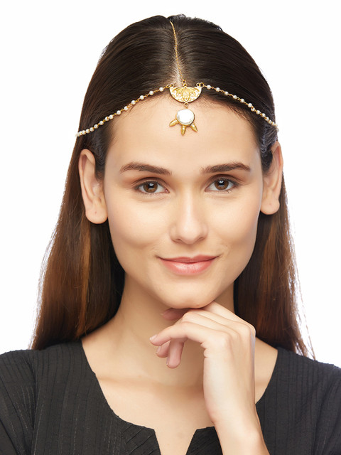 

AccessHer Brass-Plated Gold-Toned & White Handcrafted Kundan Baroque Pearl Tiara Damini