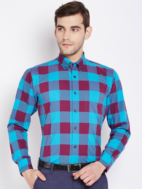 

Hancock Men Blue & Burgundy Slim Fit Checked Formal Shirt