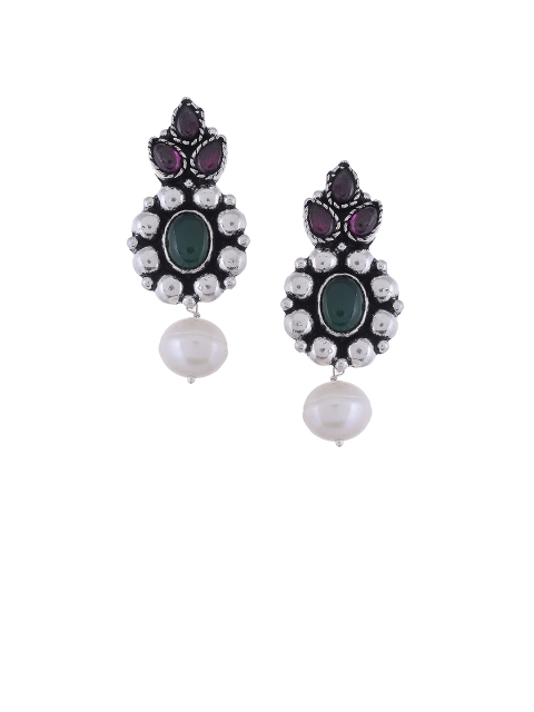 

Silvermerc Designs Silver-Toned & Green Circular Drop Earrings