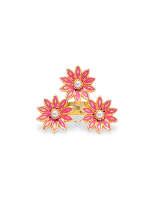

AccessHer Women Gold-Toned Handcrafted Pink Enamelled Floral Finger Ring