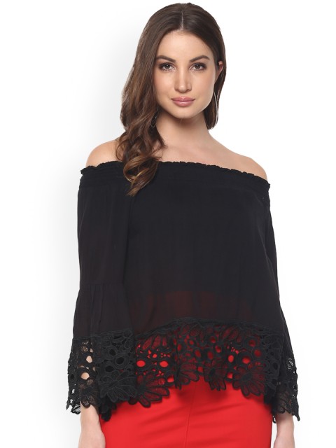 

Mayra Women Black Self Design Bardot Top