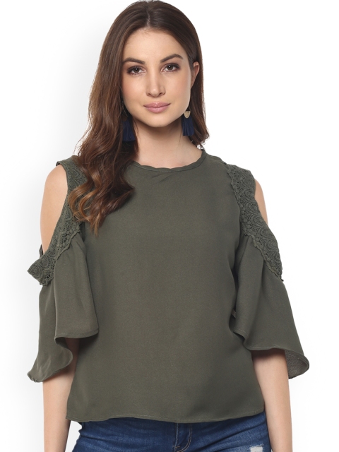 

Mayra Women Olive Green Self Design A-Line Top