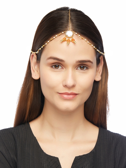 

AccessHer Brass-Plated Gold-Toned & Orange Handcrafted Kundan Baroque Pearl Tiara Damini