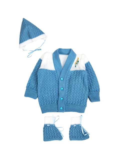 

MeeMee Kids Blue Woollen Colourblocked Clothing Set With Beanie & Booties