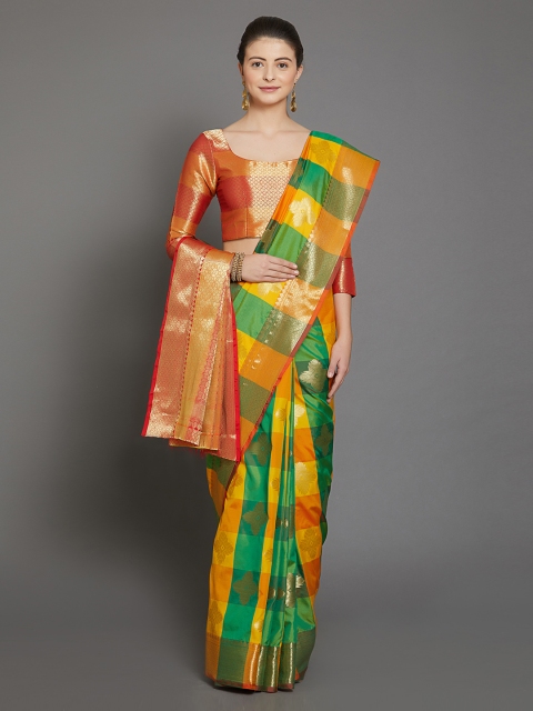 

Mitera Green & Yellow Silk Blend Checked Kanjeevaram Saree