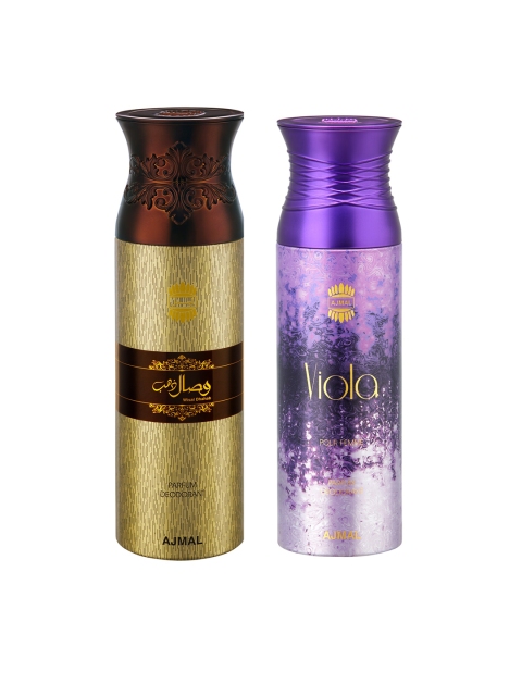 

Ajmal Unisex Pack of 2 Wisal Dhahab & Viola Deodorant Spray 200 ml, Gold
