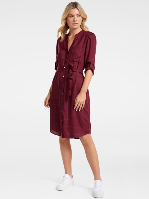 

Forever New Women Maroon Checked Shirt Dress