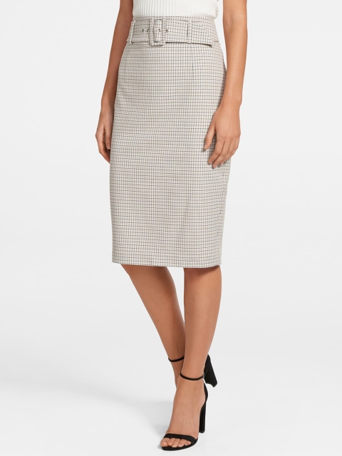 

Forever New Women Pink Checked Belted Pencil Skirt