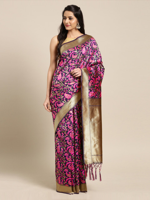 

Mitera Navy Blue & Pink Silk Blend Woven Design Banarasi Saree