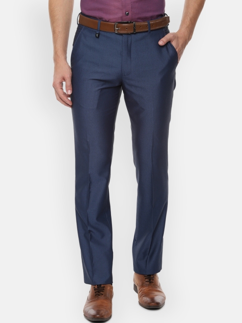 

V Dot Men Navy Blue Skinny Fit Self Design Formal Trousers