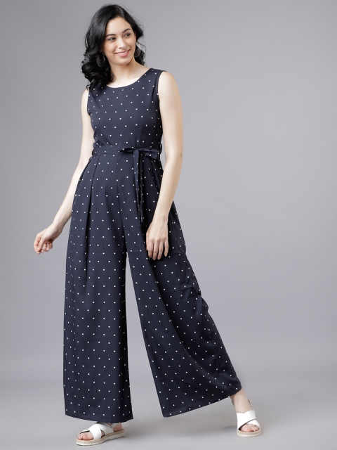 Women Navy Blue & White Printed Basic Jumpsuit
