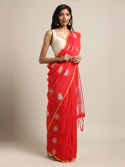 

Mitera Red & Silver-Toned Silk Blend Woven Design Banarasi Saree