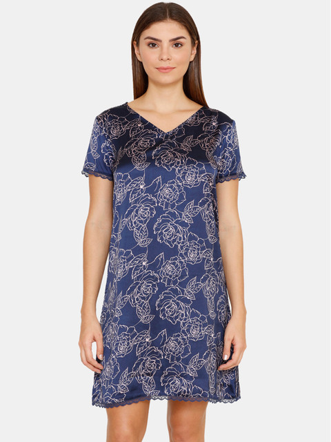 

Zivame Navy Blue & Pink Floral Print Satin Finish Nightdress