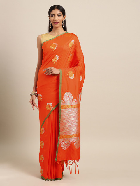 

Mitera Orange & Gold-Coloured Silk Blend Woven Design Banarasi Saree