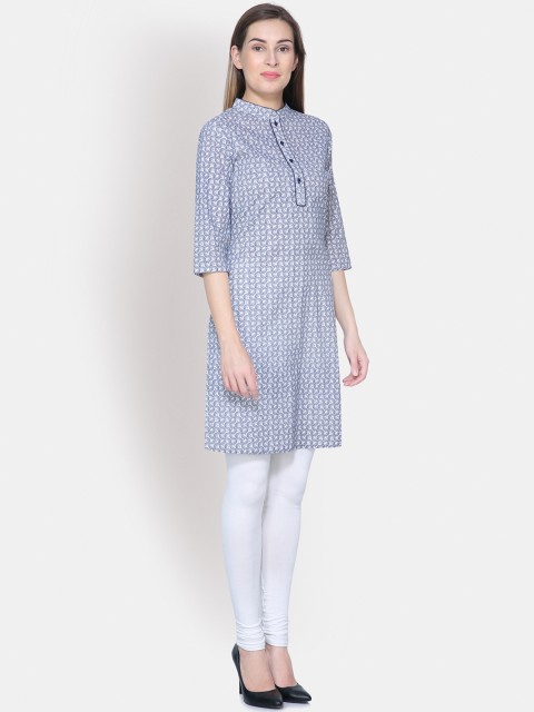 

Yaadleen Women Navy Blue And White Printed Straight Kurta