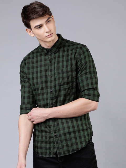 

LOCOMOTIVE Men Black & Olive Green Slim Fit Checked Casual Shirt