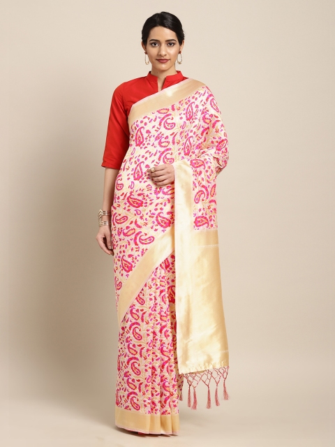 Mitera Cream-Coloured Silk Blend Woven Design Banarasi Saree