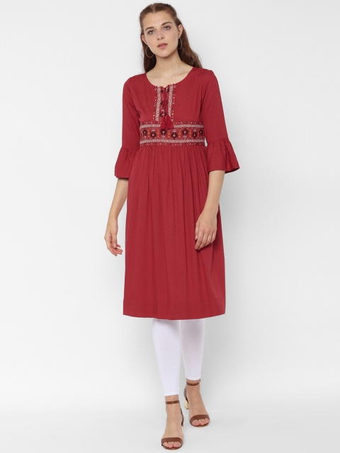 People Women Red Embroidered A-Line Kurta