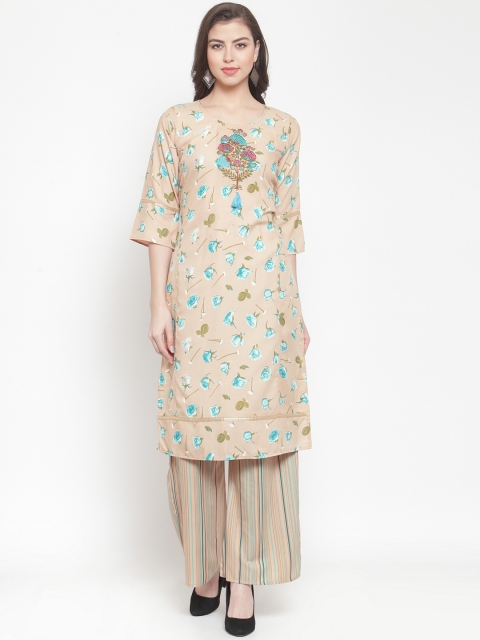

Aujjessa Women Beige & Turquoise Blue Printed Kurta with Palazzos