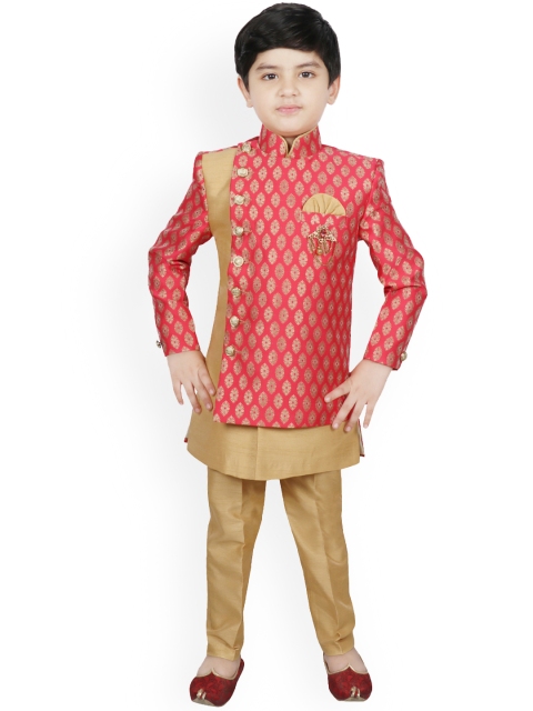 

SG YUVRAJ Boys Red & Beige Woven-Design Woven-Design Raw-Silk Sherwani