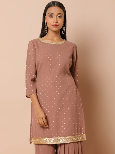 

INDYA Women Coral Pink Woven Design Straight Kurti