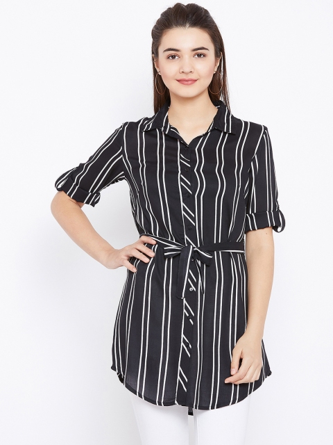 

Aask Women Black Color Stripe Printed Waist Tie Up Crepe Tunic