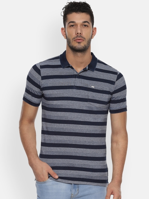 

Van Heusen Sport Men Grey & Navy Blue Striped Polo Collar T-shirt