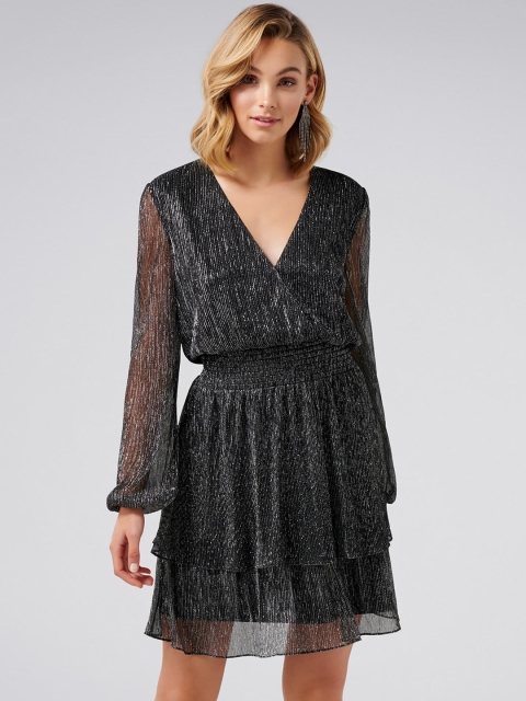Forever New Women Self Design Black Blouson Dress