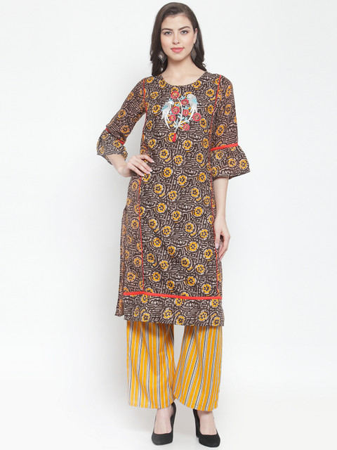 

Aujjessa Women Brown & Yellow Printed Kurta with Palazzos