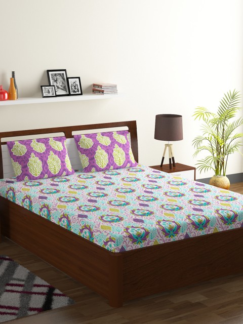 

BOMBAY DYEING Blue & Purple Ethnic Motifs 104 TC Cotton 1 Queen Bedsheet with 2 Pillow Covers