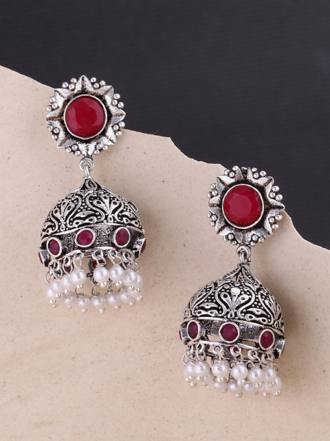 

Voylla Silver-Toned & Red Dome Shaped Jhumkas