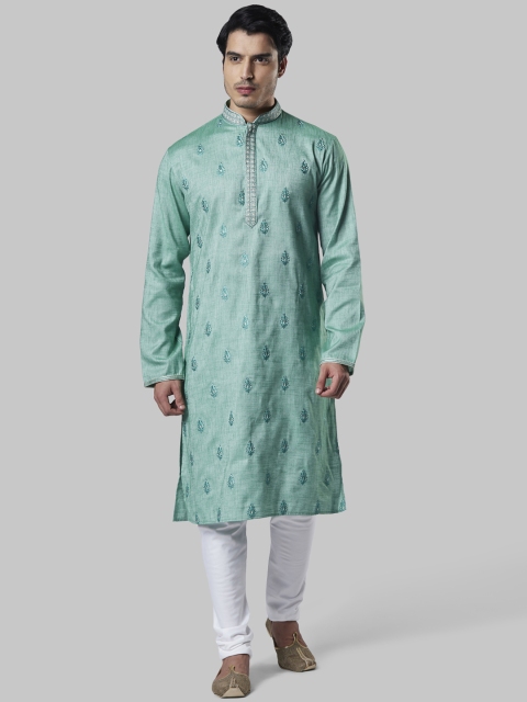 

Ethnix by Raymond Men Sea Green & White Embroidered Kurta with Churidar
