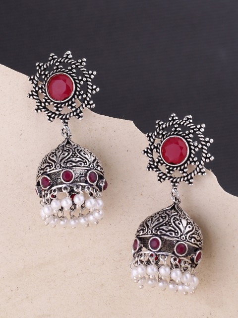 

Voylla Silver-Plated & Red Dome Shaped Jhumkas