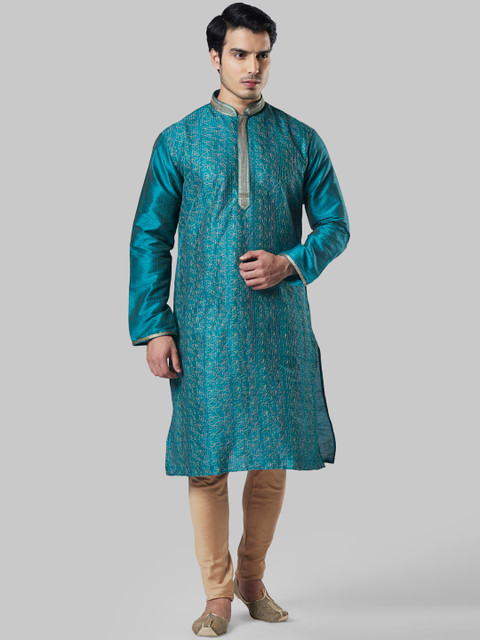 

Ethnix by Raymond Men Teal Blue & Beige Embroidered Kurta with Churidar