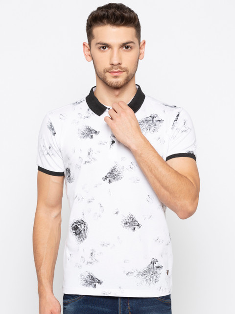 

Status Quo Men White Slim Fit Printed Polo Collar Pure Cotton T-shirt